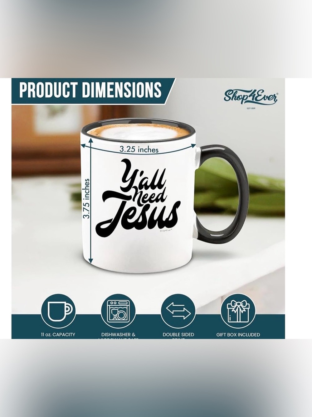 #3189**White and Black 'Y'all Need Jesus' Ceramic Coffee Mug - Picture 4 of 17